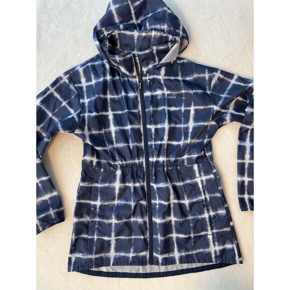Columbia Girls Lightweight Rain Jacket Navy Blue White Print Windbreaker Coat L - Picture 7 of 8
